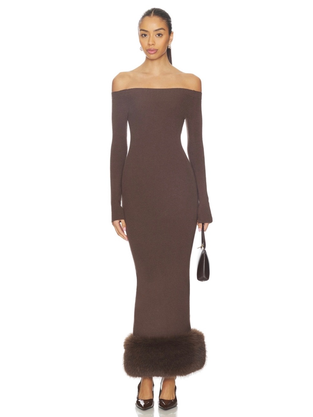 Lovers + Friends Revolve Ling Brown Off Shoulder Faux Fur Hem Maxi Dress S NWT